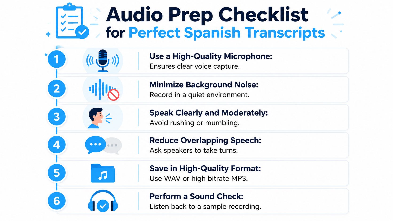 A step-by-step checklist infographic for recording high-quality audio to ensure accurate Spanish transcriptions.