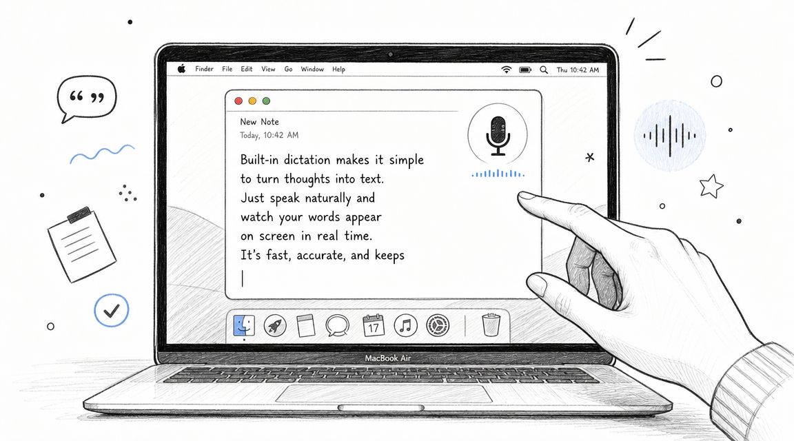 A hand interacting with a MacBook Air screen showing a dictation app converting audio to text.