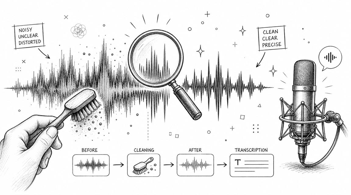 A hand cleaning a noisy audio waveform, transitioning to a clean signal and final text transcription.