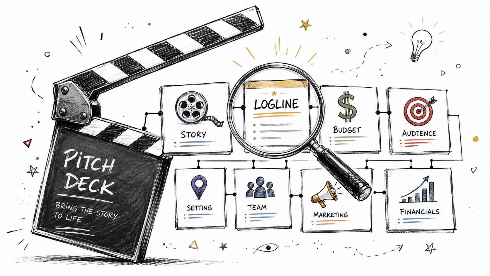A hand-drawn illustration showing a film pitch deck process featuring a clapperboard, icons, and a magnifying glass.