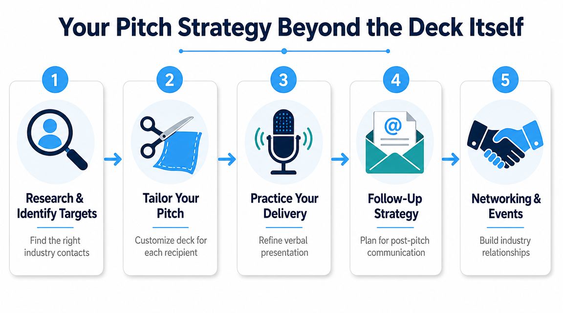 A five-step infographic showing a pitch strategy beyond the slide deck with icons and descriptions.