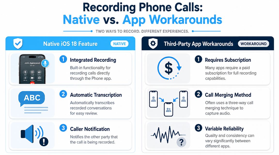 A comparison infographic showing native iOS 18 call recording features versus third-party application workarounds for iPhones.