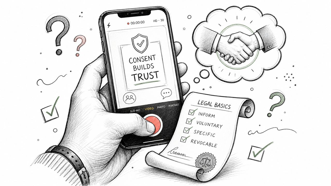 A hand holding a smartphone recording a video with a consent trust infographic and legal checklist document.
