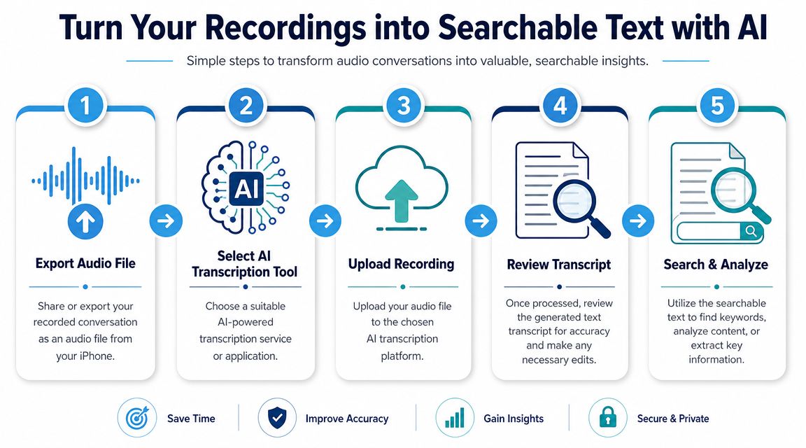 A five-step infographic showing how to turn iPhone audio recordings into searchable text using AI tools.
