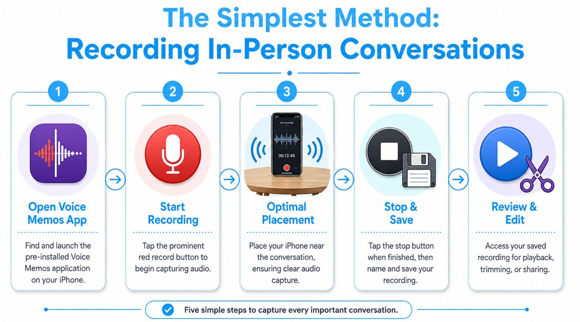 A five-step infographic showing how to record an in-person conversation using the iPhone Voice Memos application.