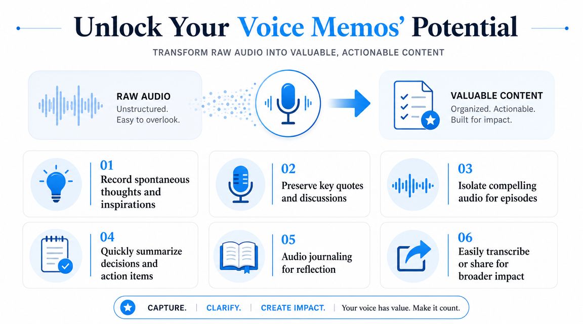 An infographic showing how to transform raw voice memos into structured, actionable content through six simple steps.