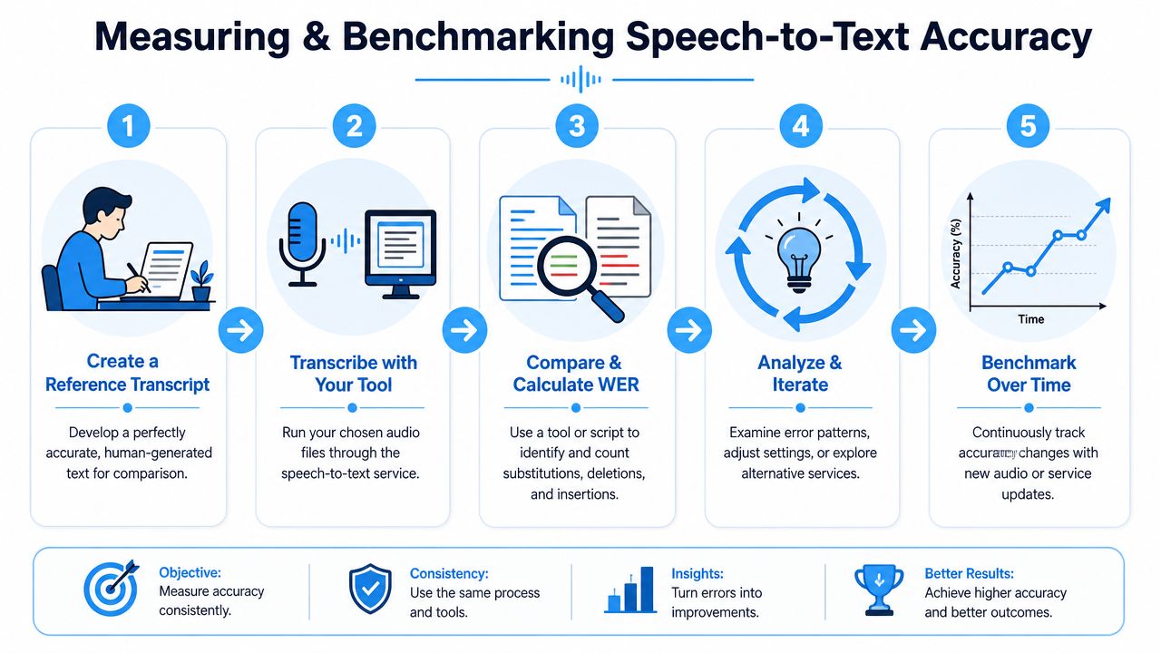A five-step infographic showing how to measure and benchmark speech-to-text accuracy using human-generated reference transcripts.
