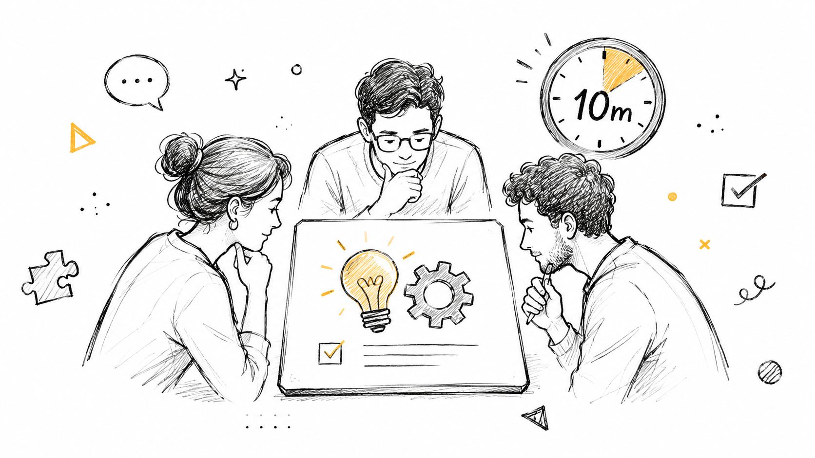 A diverse team of three colleagues collaborating on a project plan with a ten-minute time limit.