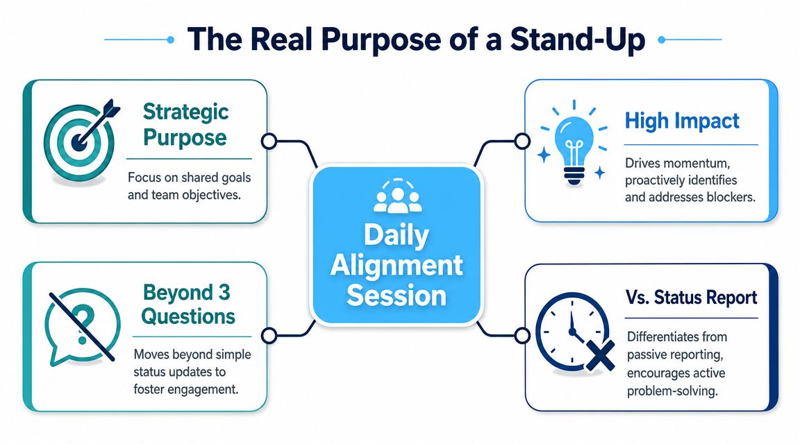 A diagram explaining the real purpose of daily stand-up meetings as a proactive team alignment session.