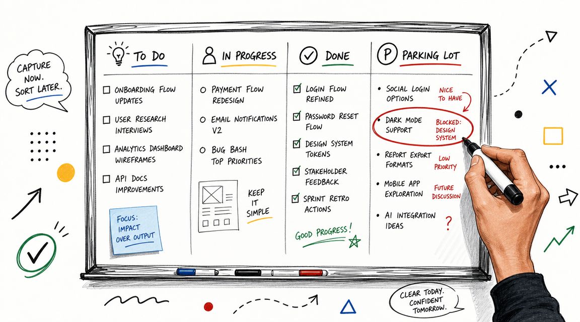 A hand writes on a whiteboard with columns for To Do, In Progress, Done, and Parking Lot tasks.