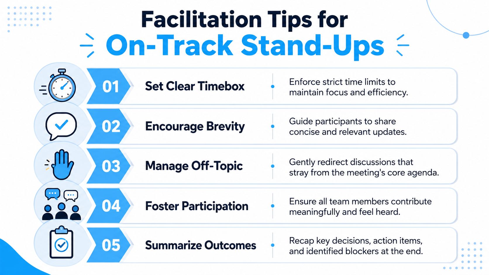 A list of five essential facilitation tips for conducting efficient and productive daily team stand-up meetings.