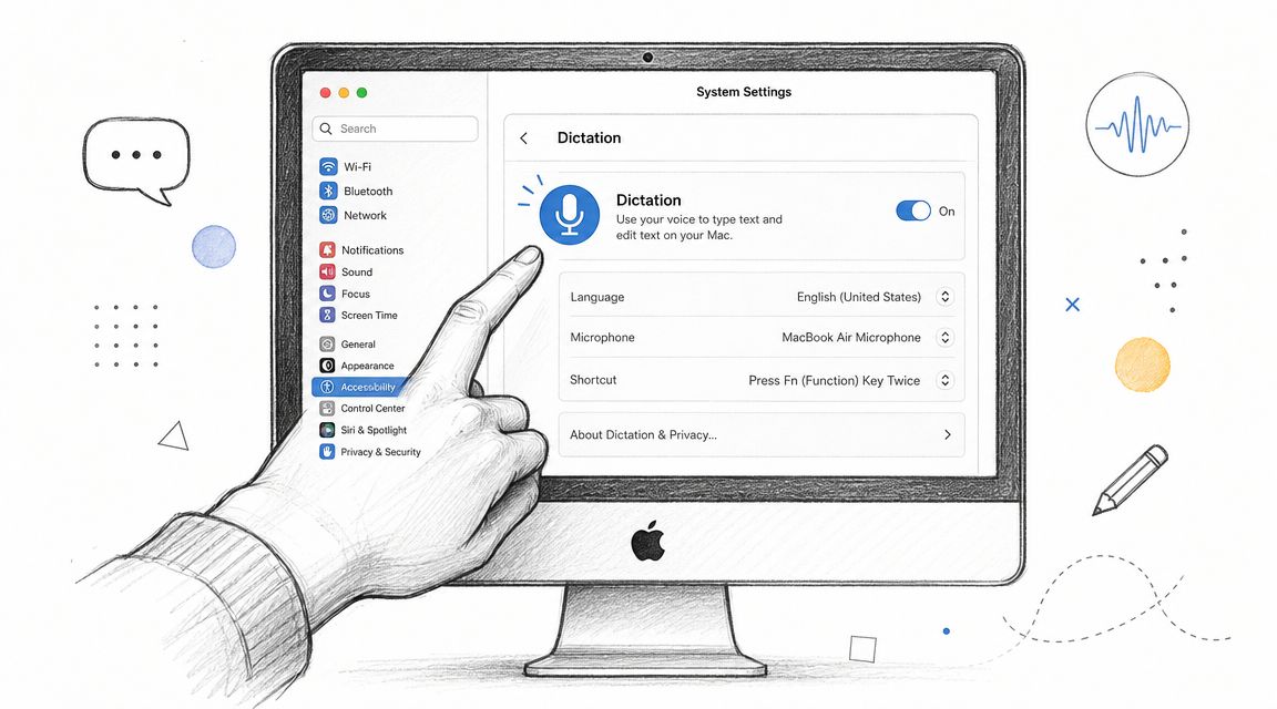 A hand pointing at the Dictation settings menu on a Mac computer screen.