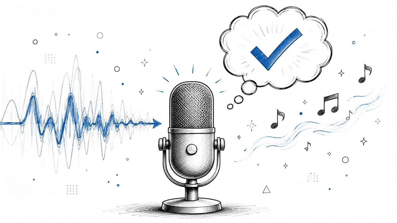 A sketched microphone symbol with a blue sound wave input and a checkmark output signifying audio transcription.