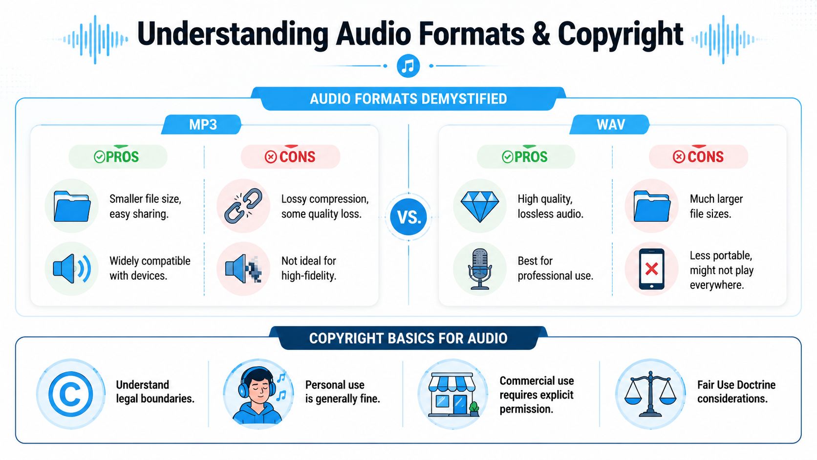 An infographic titled Understanding Audio Formats & Copyright comparing MP3 and WAV files with copyright basics.