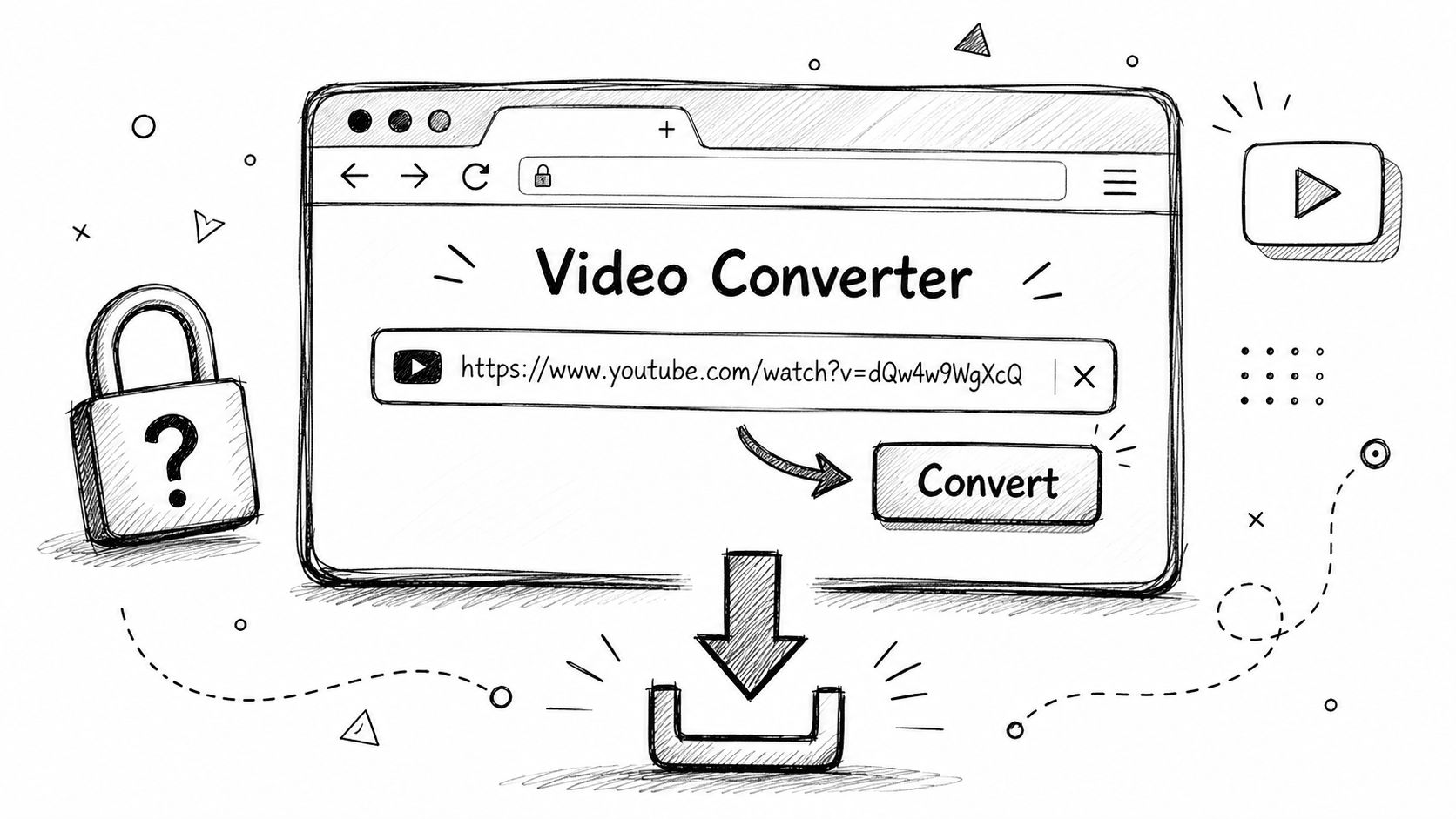 A hand-drawn sketch of a video converter tool with a YouTube link and a convert button.