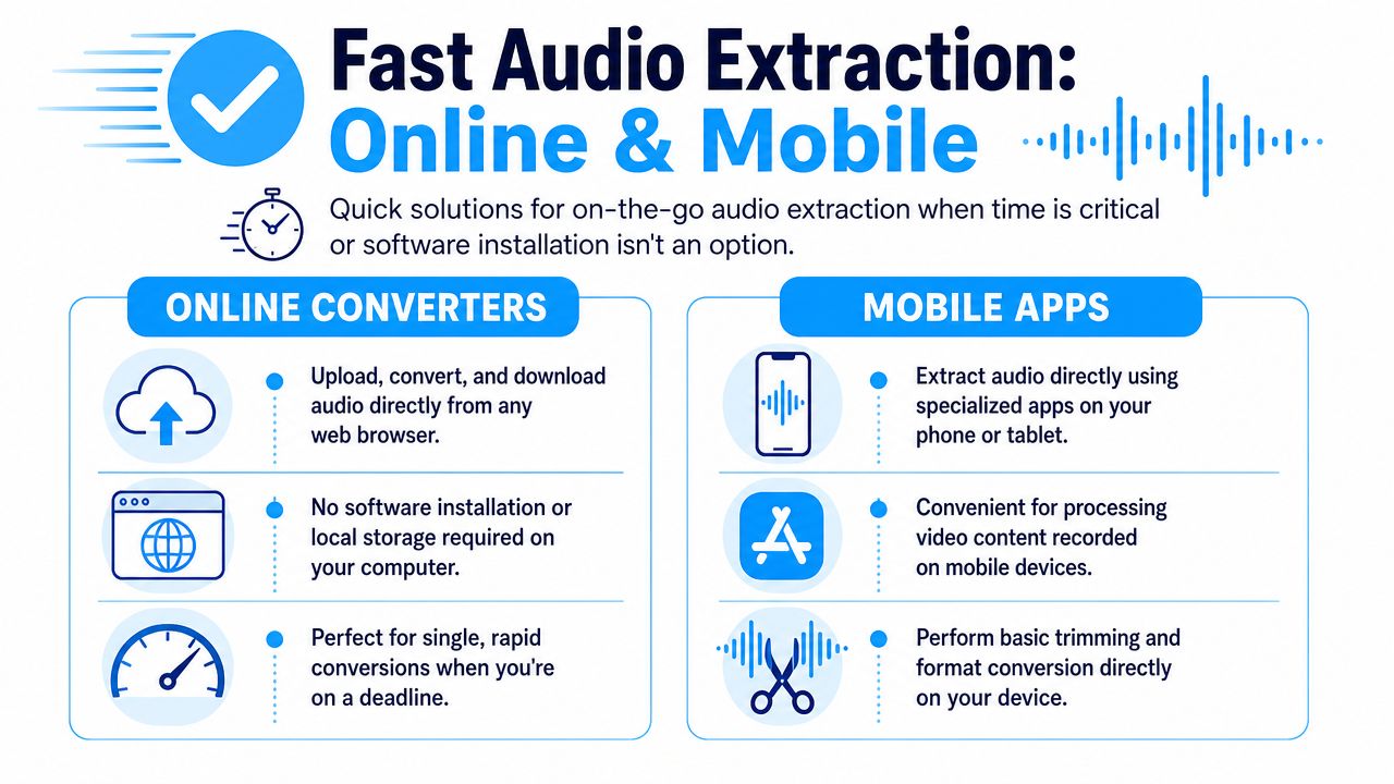An infographic comparing online converters and mobile apps for fast audio extraction from video files.