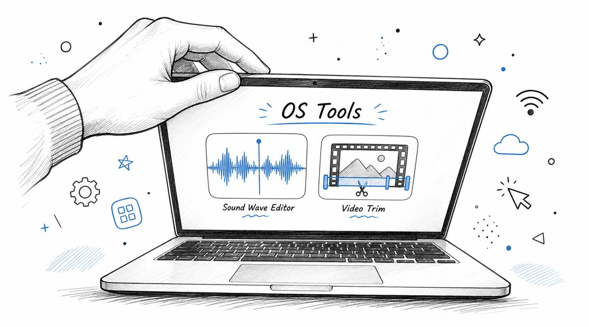 A hand opening a laptop screen displaying a digital interface for audio and video editing software tools.