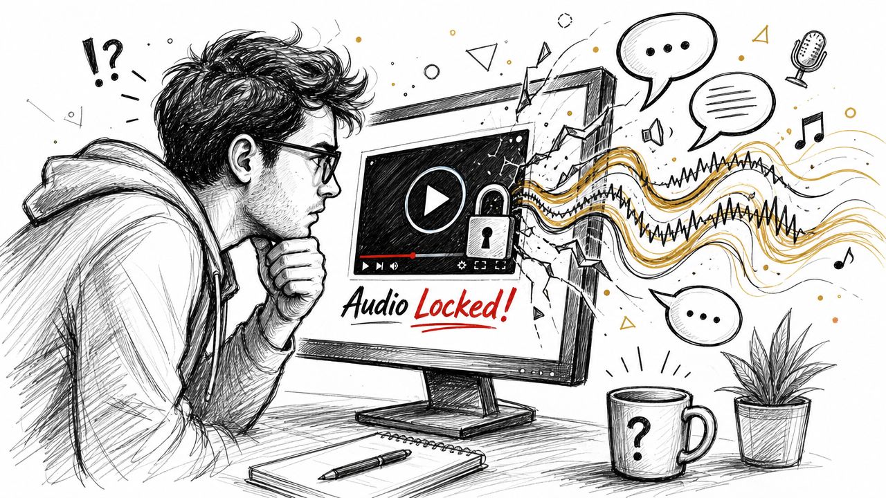 A person looking at a computer screen showing an audio locked video error with broken sound waves.