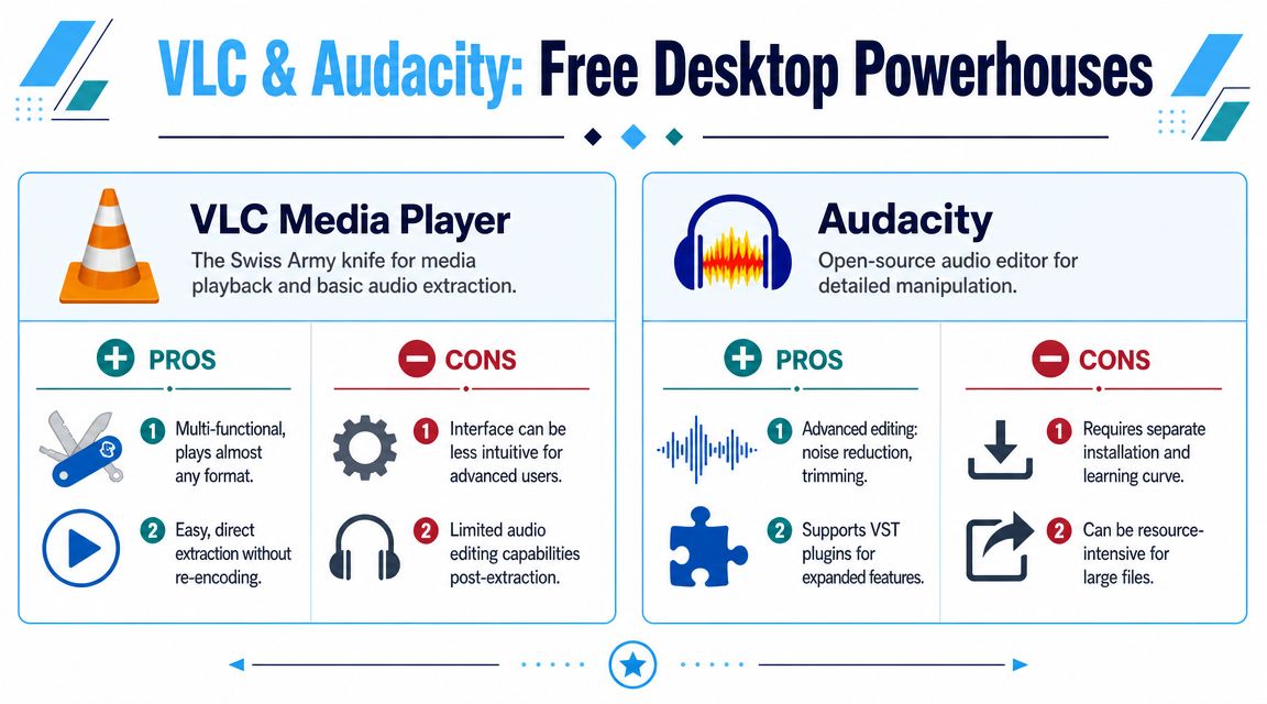 A comparison infographic detailing the pros and cons of VLC Media Player and Audacity software tools.