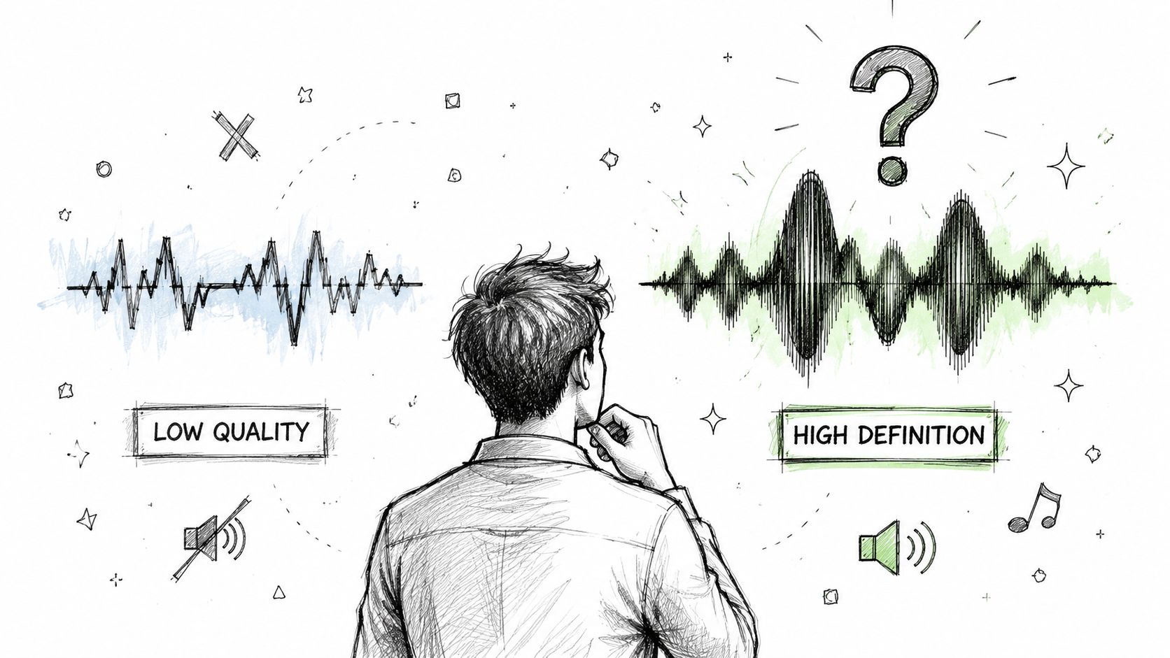 A sketched illustration of a person deciding between low quality and high definition audio waveforms.