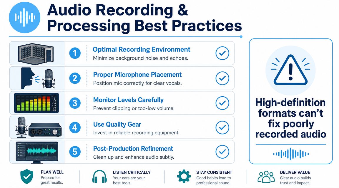 An infographic titled Audio Recording and Processing Best Practices illustrating five essential steps for professional sound.