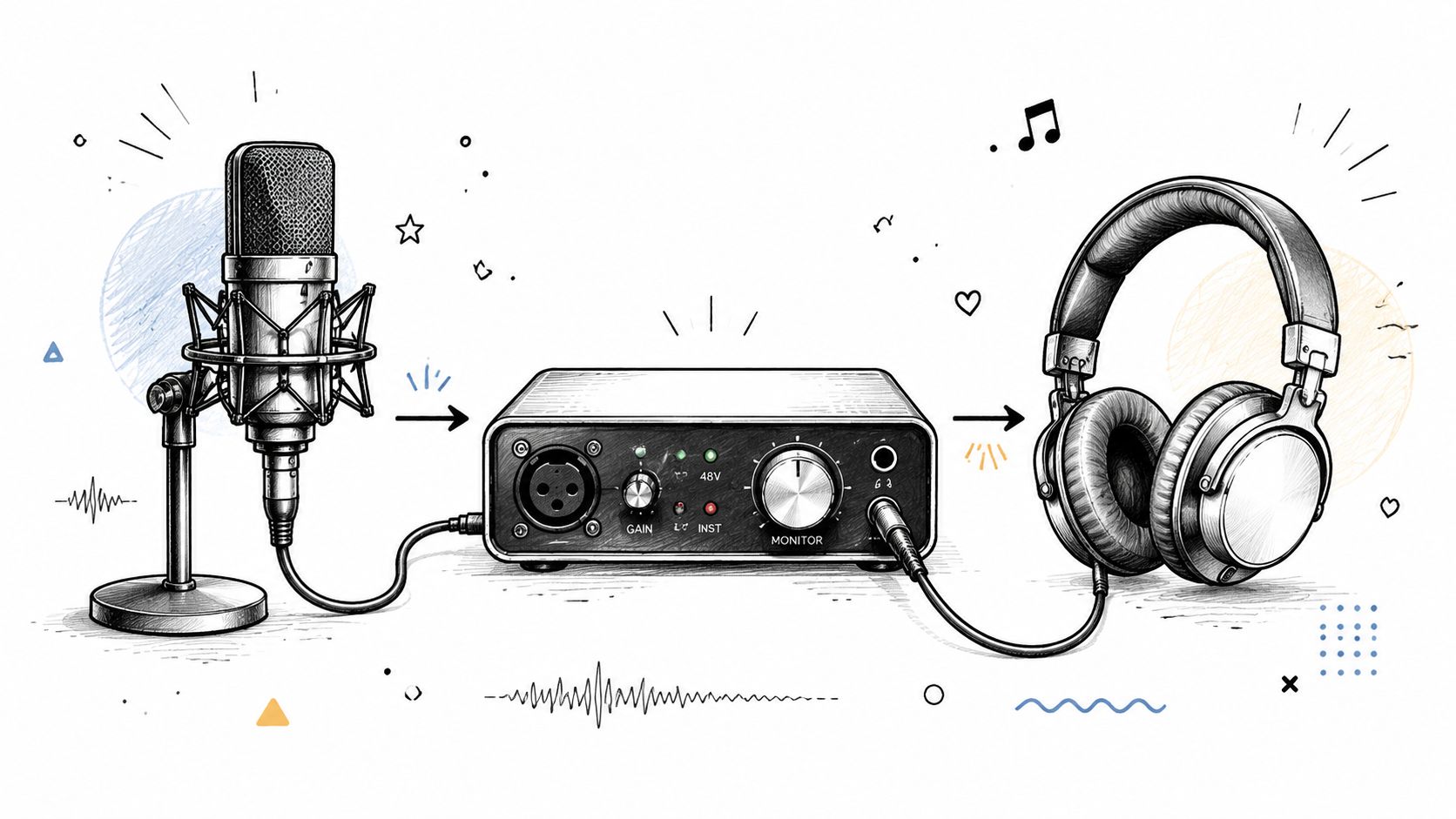 A line drawing of a professional microphone connected to an audio interface with headphones plugged in.