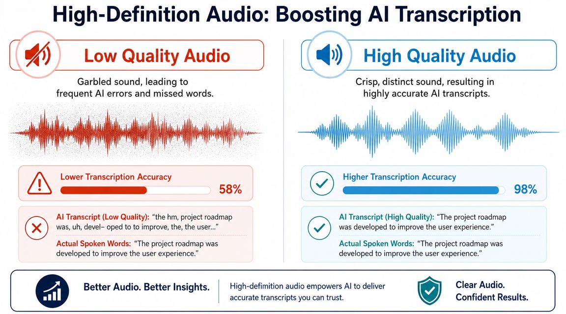 A comparison infographic showing how high-definition audio improves AI transcription accuracy versus low-quality audio.