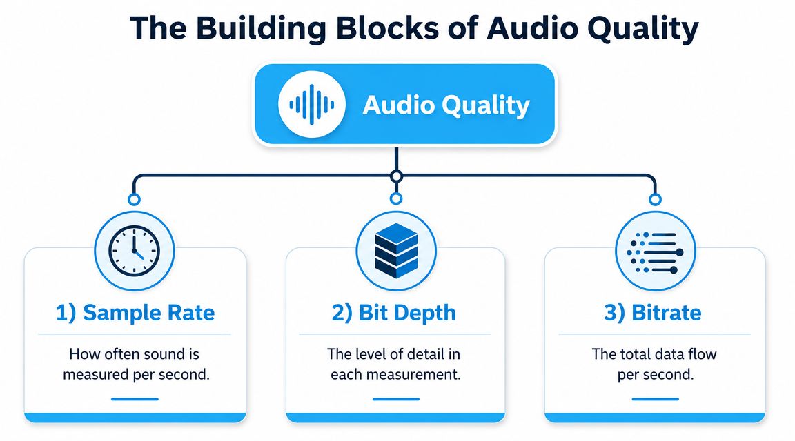 A diagram illustrating the three building blocks of audio quality: sample rate, bit depth, and bitrate.