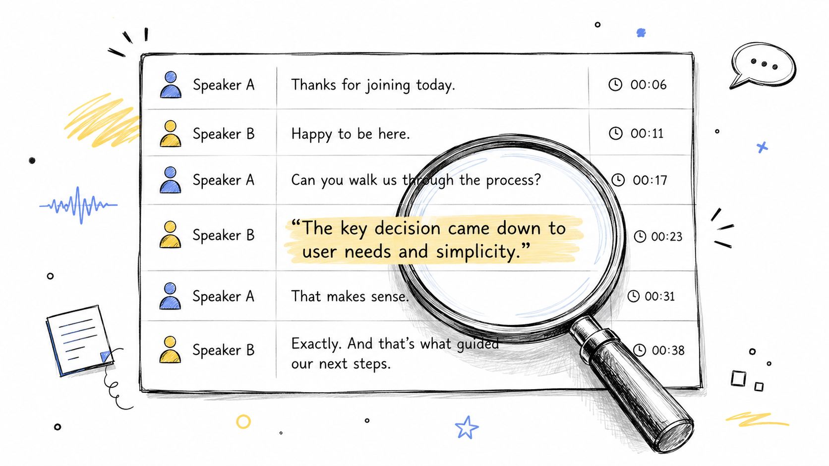 A magnifying glass highlighting a conversation transcript about user needs and simplicity in a business meeting.