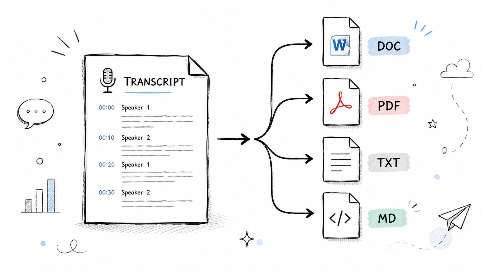 A hand-drawn illustration showing a transcript being converted into four different document file formats.