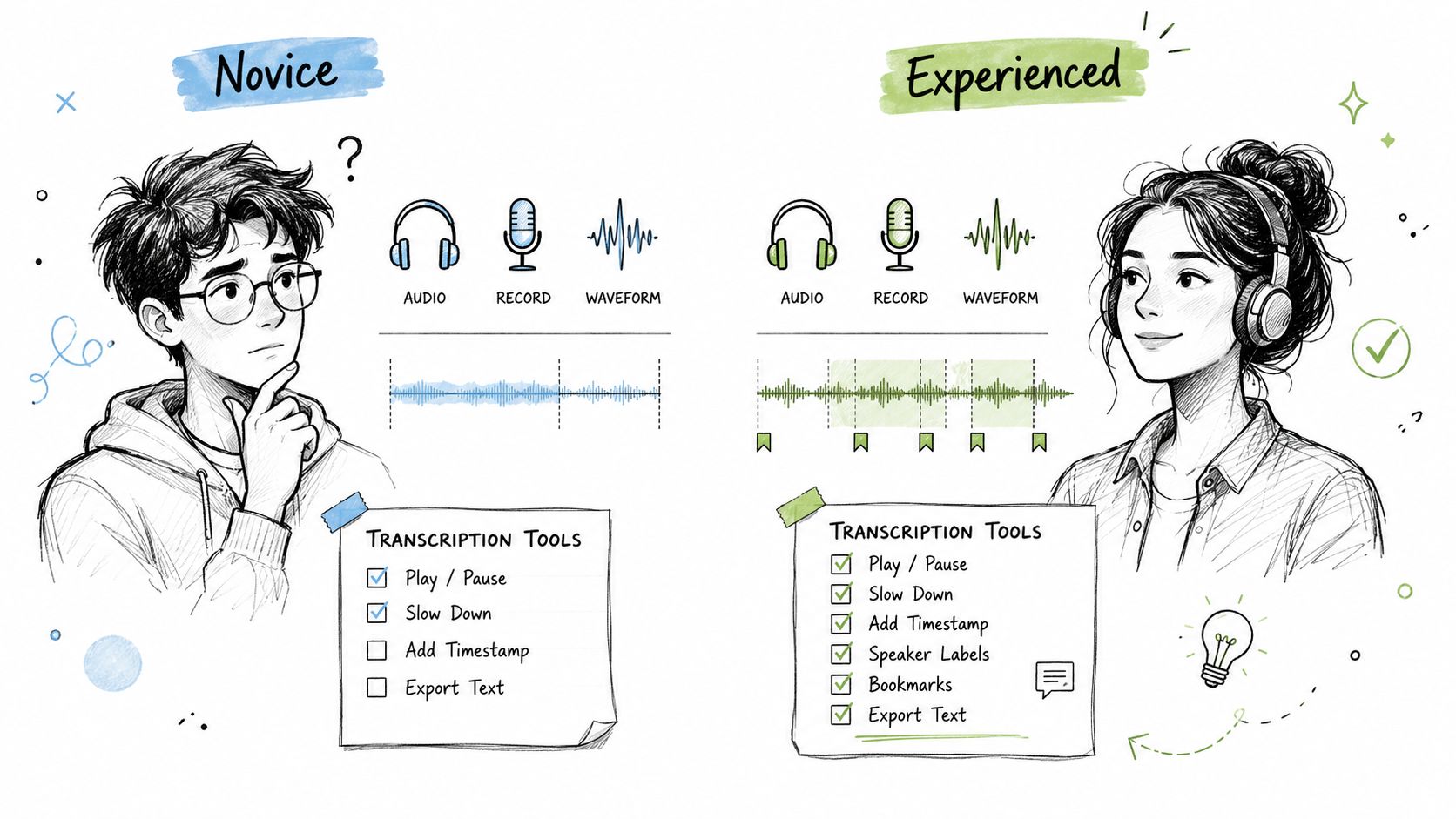 A comparison illustration showing a novice transcriptionist versus an experienced transcriptionist using different software tools.