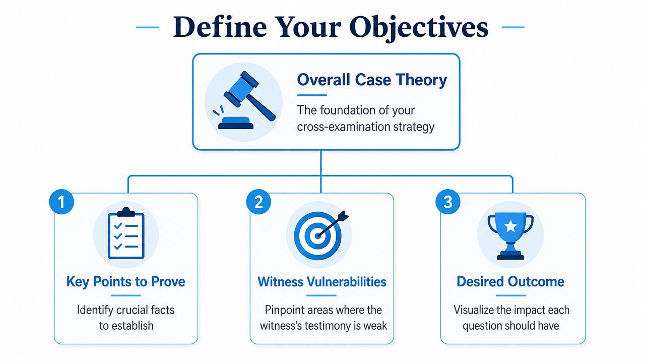 A flowchart titled Define Your Objectives for cross-examination, detailing case theory, key points, witness vulnerabilities, and outcomes.