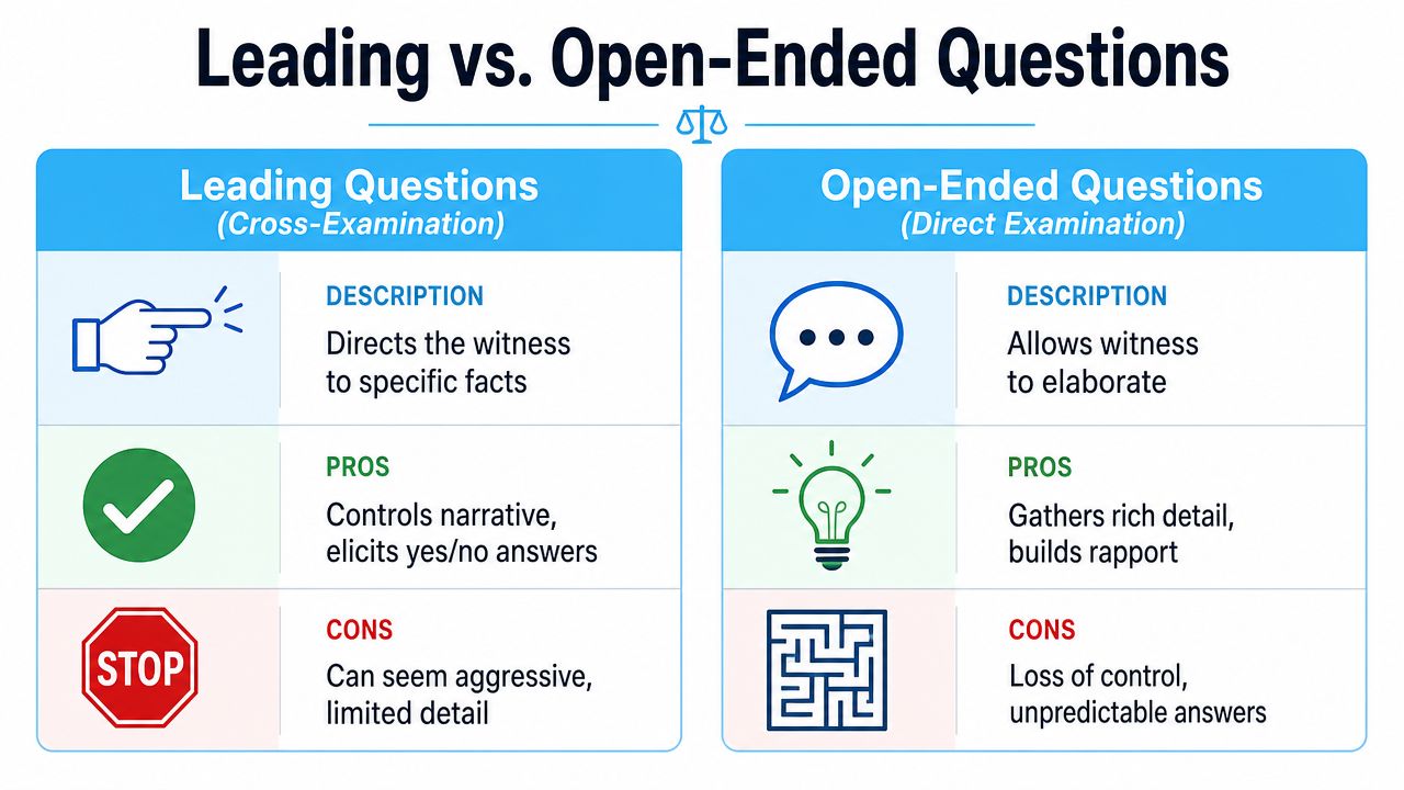 A comparison chart outlining the pros and cons of leading versus open-ended questions in legal settings.
