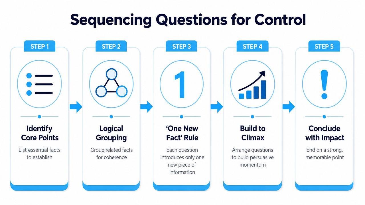 A five-step instructional diagram illustrating a process for sequencing questions to maintain control during discussions.