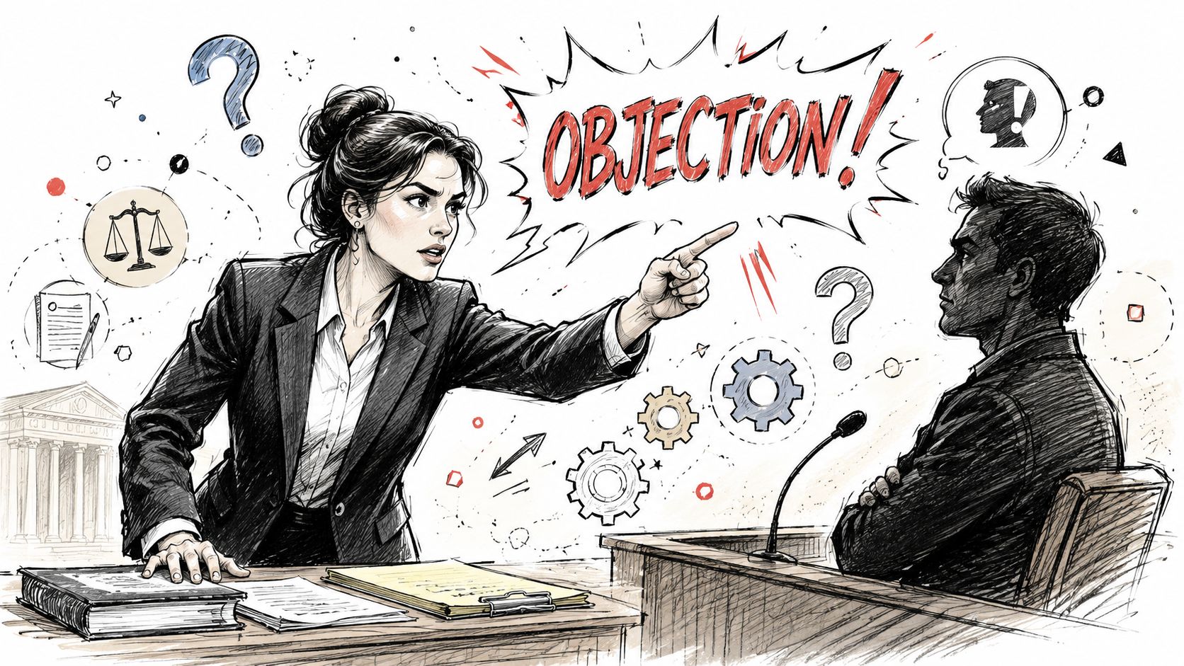 A professional female attorney pointing and shouting an objection at a seated man in a courtroom setting.