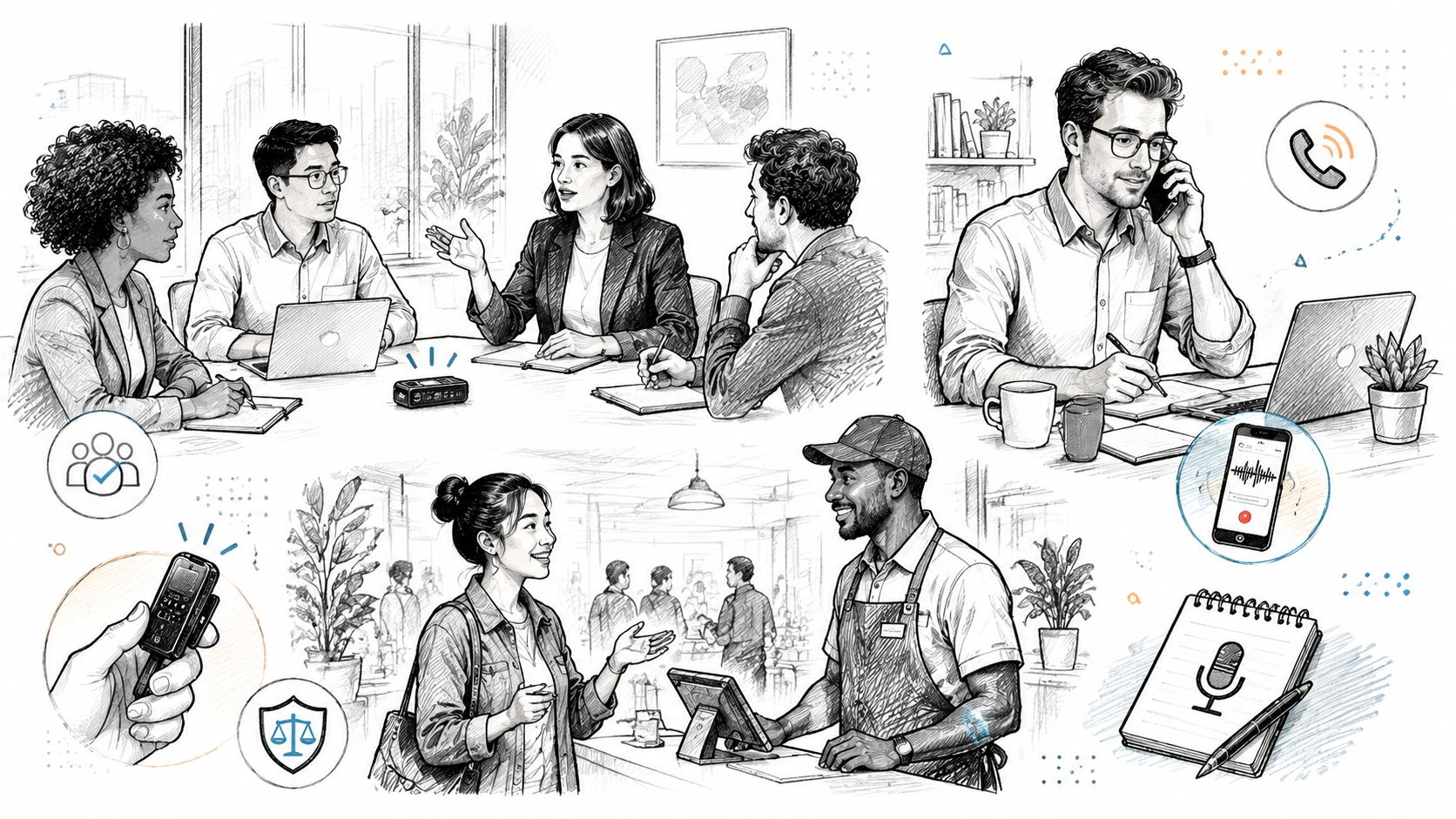 Illustration depicting various business and casual scenarios related to the importance of recording audio during conversations.
