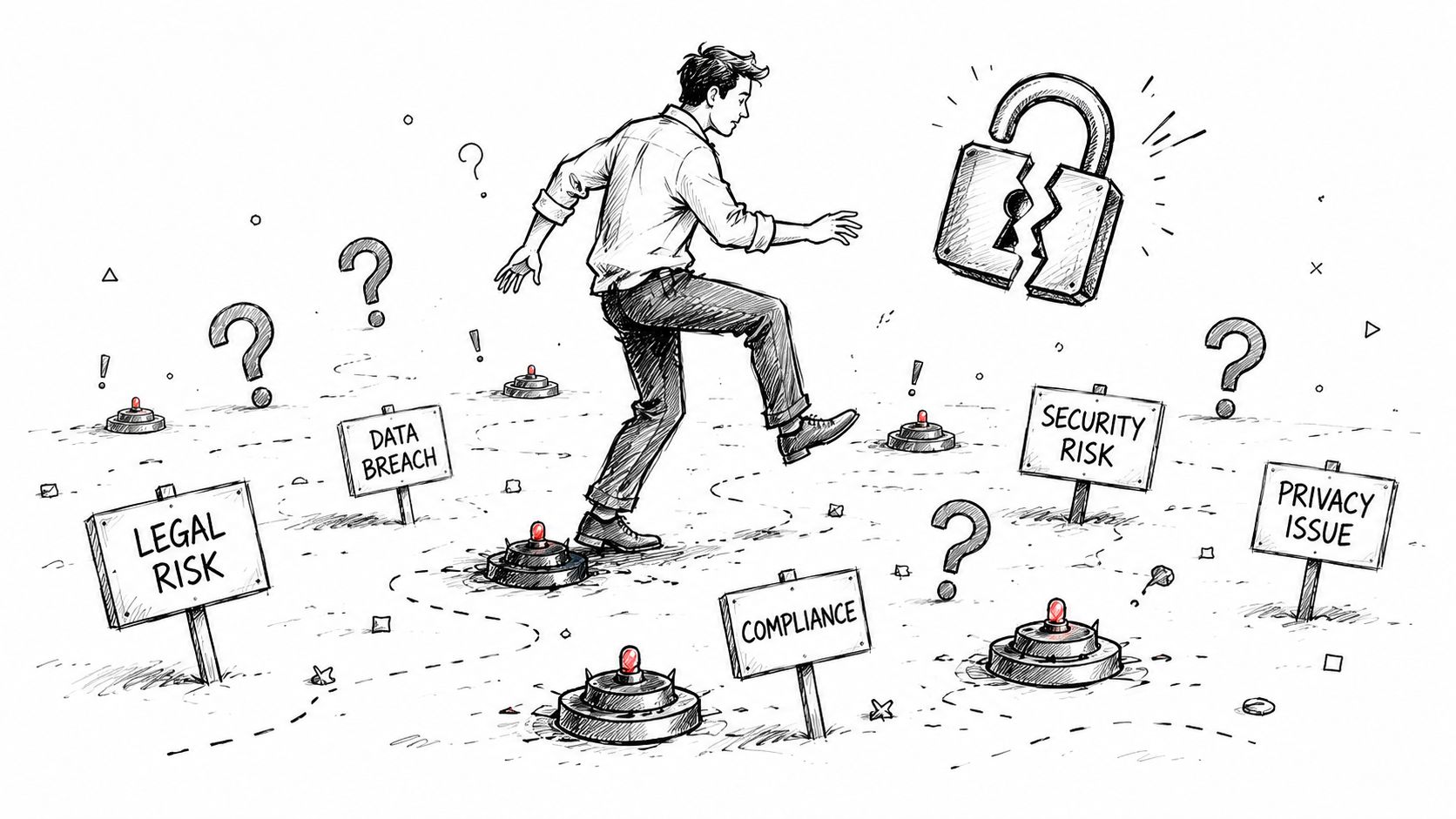 A businessman navigating a field of landmines labeled with risks like data breach and security issues.