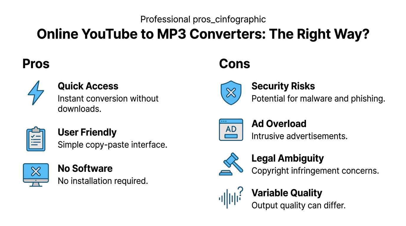 An infographic showing the advantages and disadvantages of using online YouTube to MP3 converter websites.