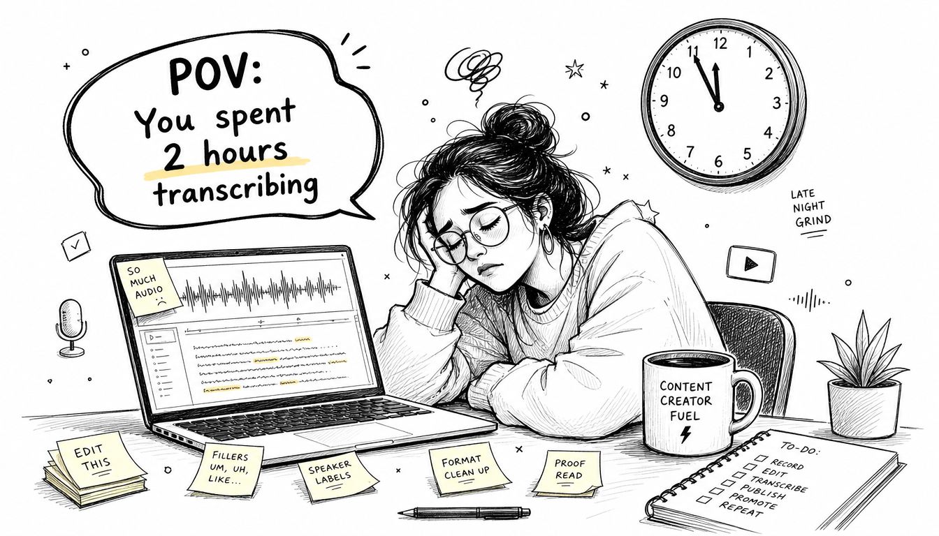 A tired content creator sleeping at a desk next to a laptop displaying a transcription project with sticky notes.