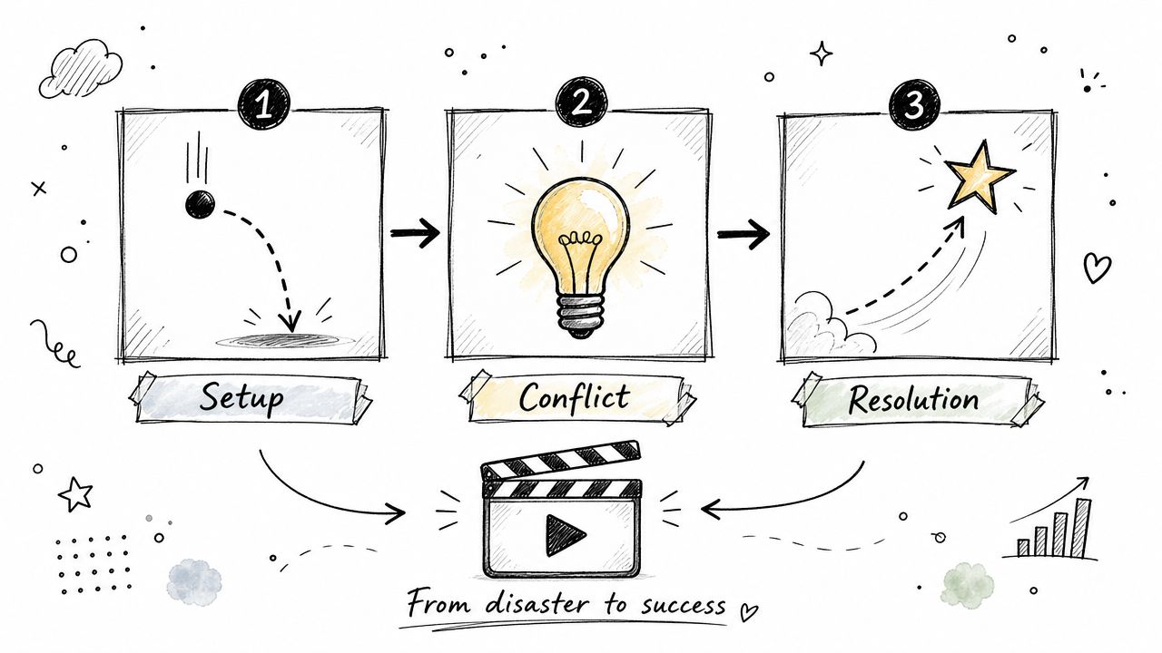 A three-step diagram illustrating the process from setup and conflict to resolution for creating content.