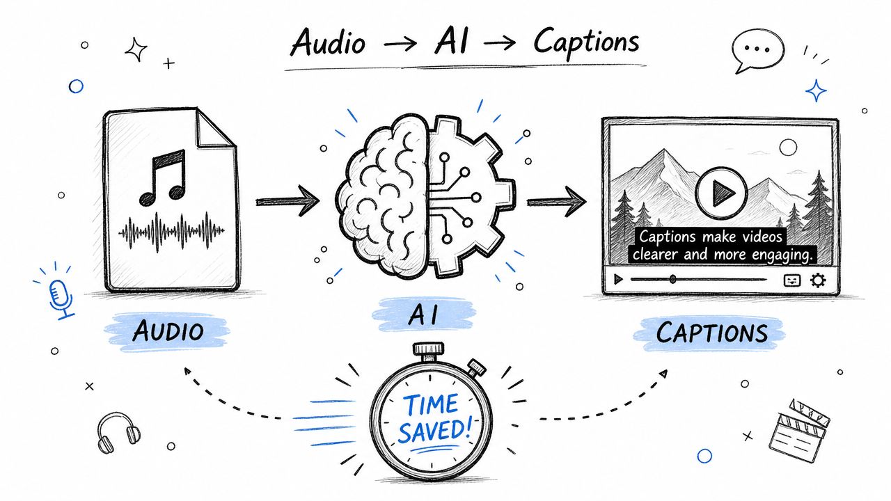 A hand-drawn illustration showing the automated process of converting audio files into video captions using AI.