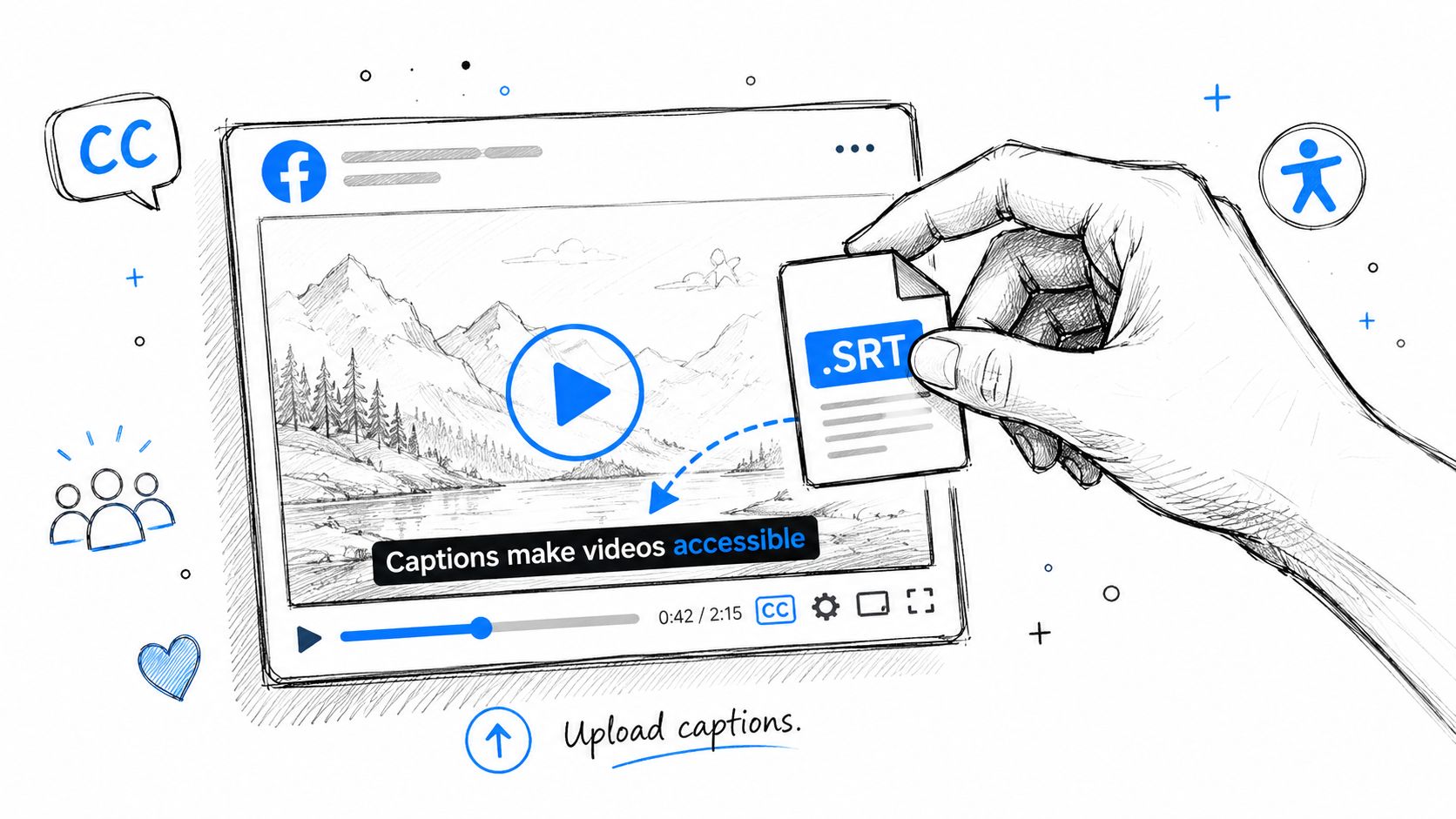 A hand uploading an SRT subtitle file to a Facebook video to improve accessibility for viewers.
