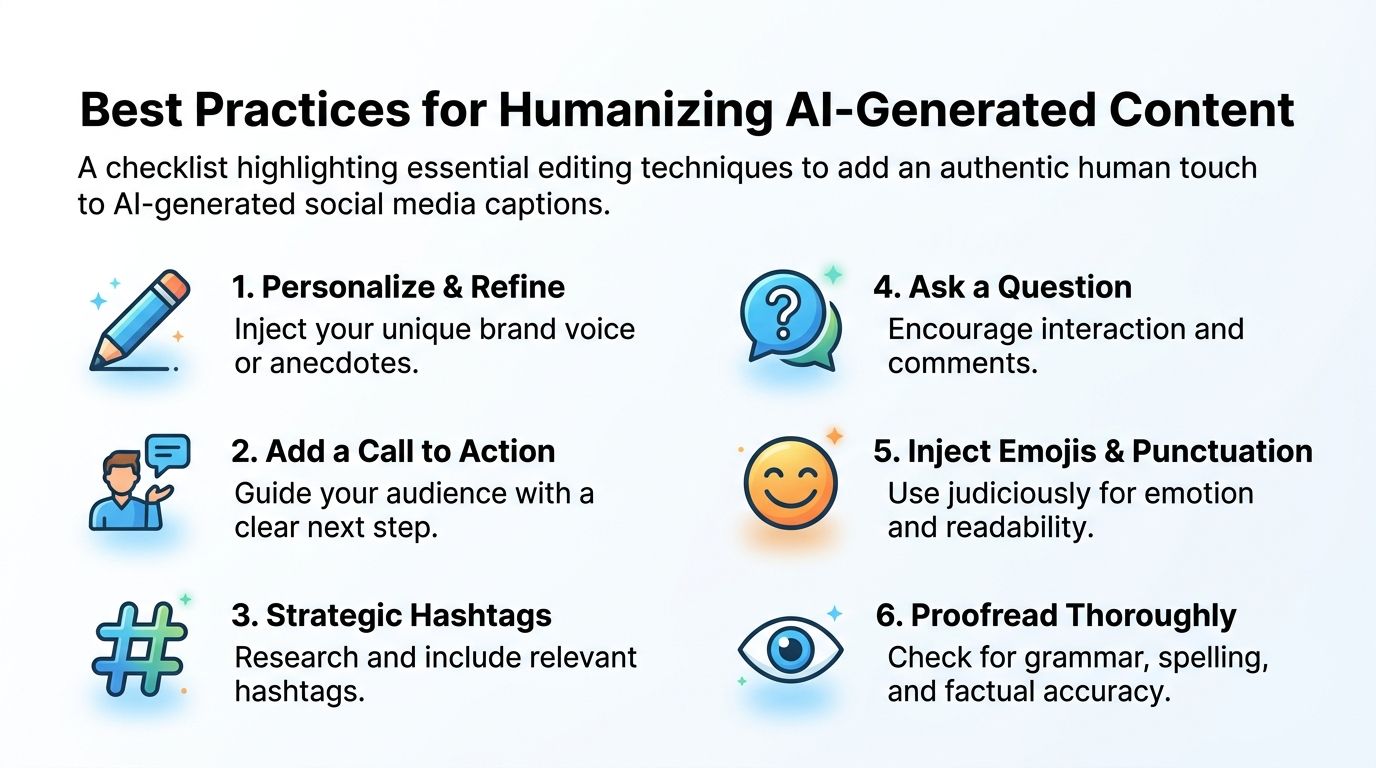 An infographic titled Best Practices for Humanizing AI-Generated Content listing six numbered tips for social media.