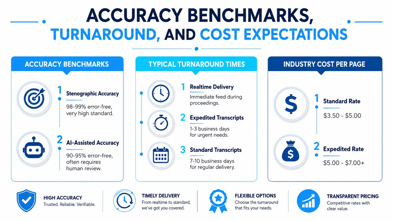 A graphic displaying accuracy benchmarks, turnaround times, and cost expectations for court reporting and transcription services.
