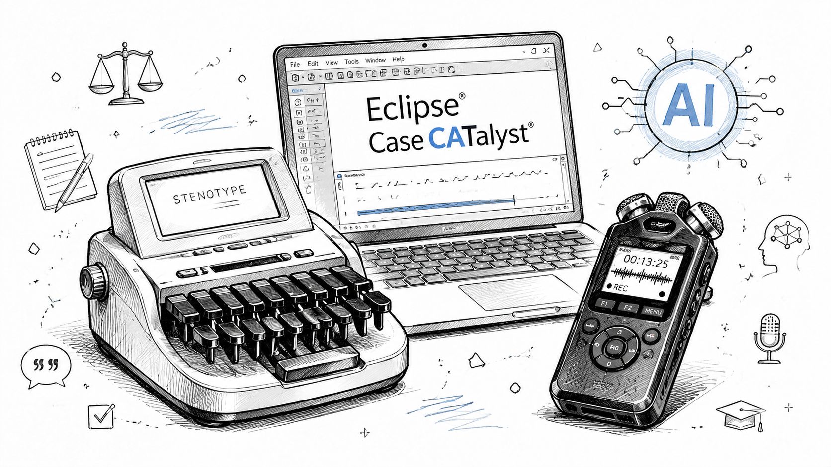 A line-art illustration featuring a stenotype machine, a laptop with transcription software, and a digital voice recorder.