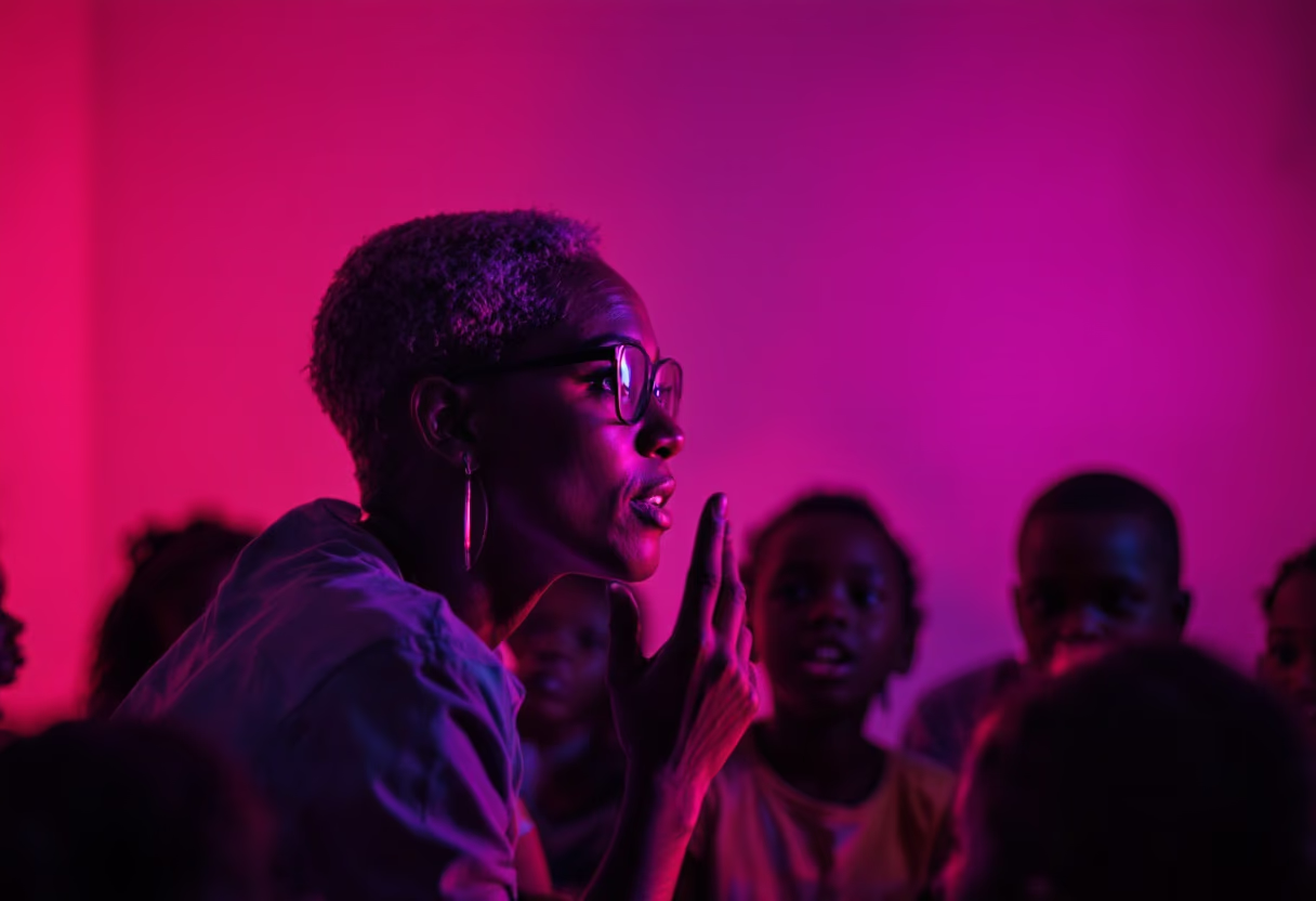 image of volunteer teaching children