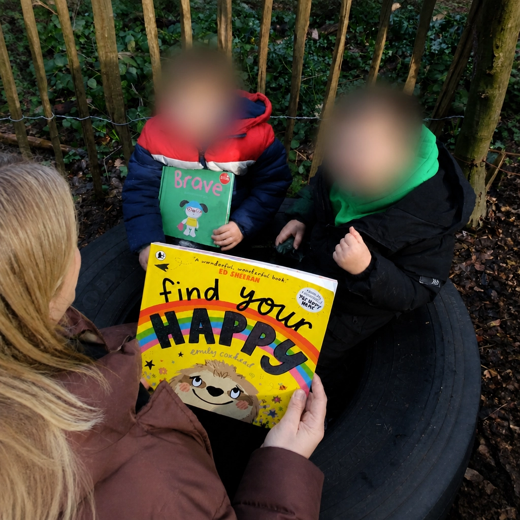 Two preschool children sitting outdoors in a forest school area, smiling while a staff member shares books with them.