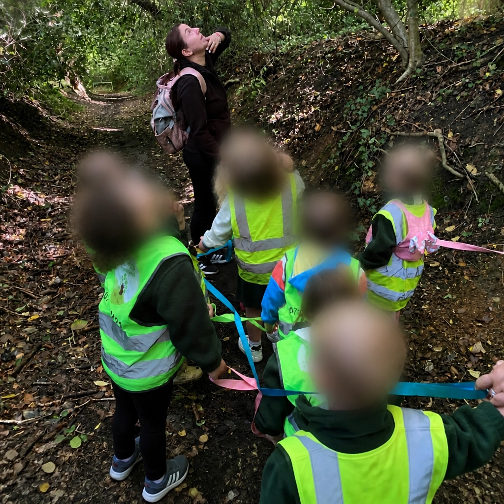 Preschool children in high-visibility vests walking with a teacher along a woodland path, holding onto a safety rope and observing the trees.
