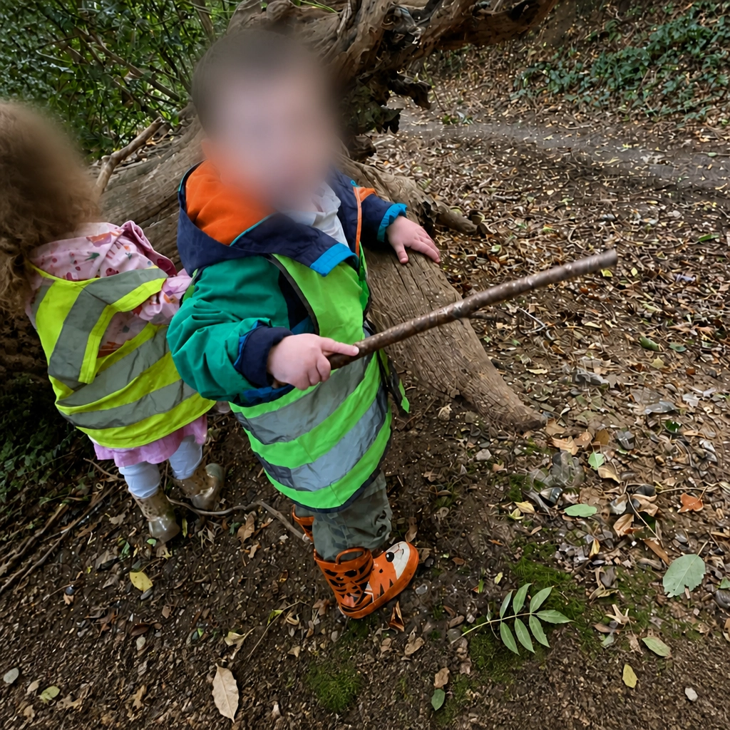 A young child in a high-visibility vest and animal-themed wellies exploring a woodland area with a stick.