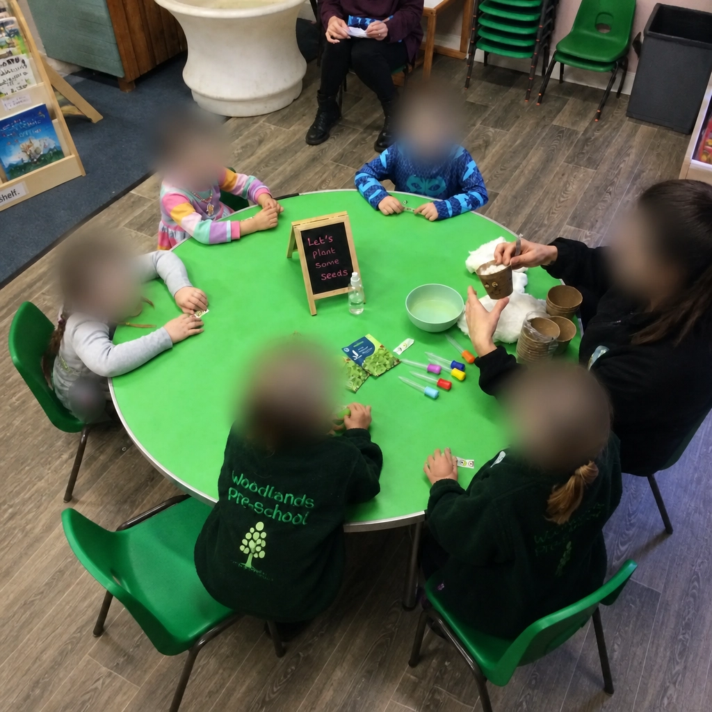 Children at Woodlands Preschool participating in a seed planting activity with a staff member.